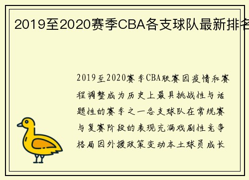 2019至2020赛季CBA各支球队最新排名