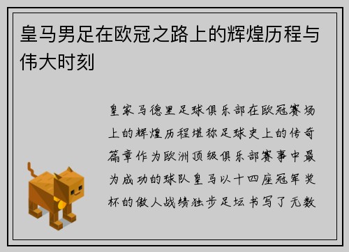 皇马男足在欧冠之路上的辉煌历程与伟大时刻